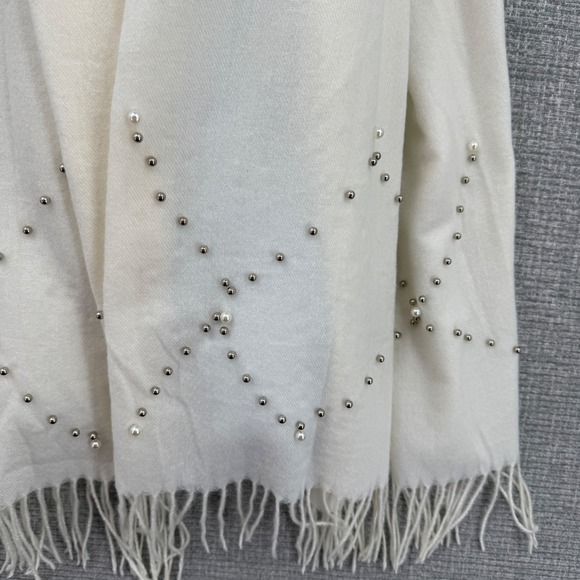 Womens Cream Fringed Scarf Silver Rhinestone Embellishments Soft Shawl Boho Glam - Picture 4 of 12